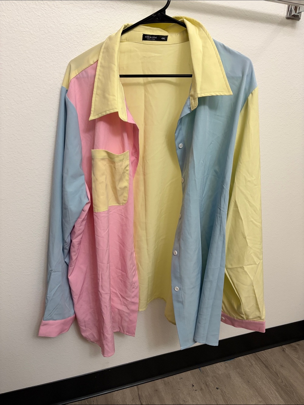 SHEIN Pastel Colorblock Button-Down Shirt in Yellow, Pink & Blue